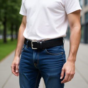 Cintura elastica intrecciata nera marca Z da 3,5 cm con fibbia ad ardiglione in acciaio casual per uomo e donna - Product Image 3
