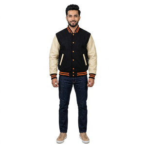 Customized Coated Embroidery <b>Men's</b> <b>Baseball</b> Varsity <b>Jacket</b> Contrast Sleeves Soft Breathable Lining 100% Cotton Front High - Product Image 1