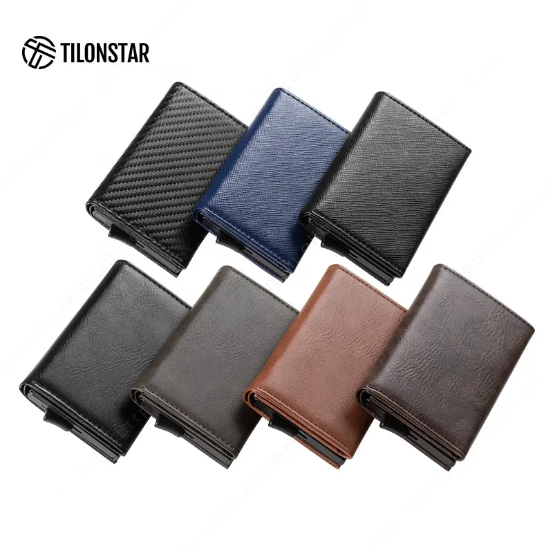 Wholesale Men Business Id Leather Card Holder With Zipper Pocket Metal Credit Card Hold Leather Cover Wallet Slim Pop Up Wallet