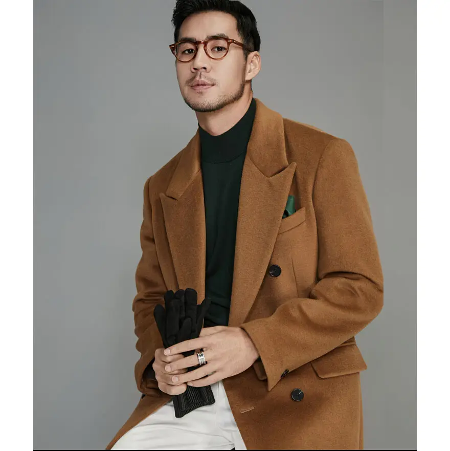 Double-breasted coat men's autumn and winter new woolen coat coat men's medium-length section