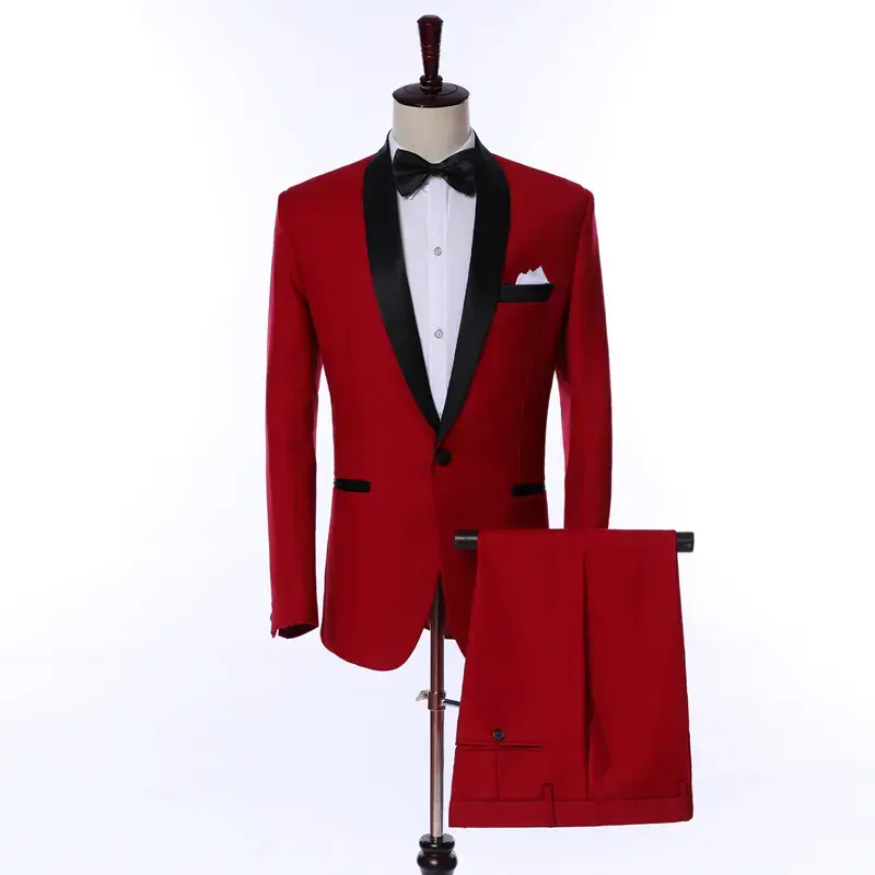 Son Custom Made şal yaka erkekler bir düğme damat düğün kırmızı erkek Blazer kostüm Homme 2 parça smokin sıska