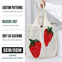 Sac fourre-tout en tricot crème motif fraise, sac à bandoulière motif fruits rouges et feuilles vertes, sac à main mignon pour le shopping, cadeau, logo personnalisé, vente en gros, OEM