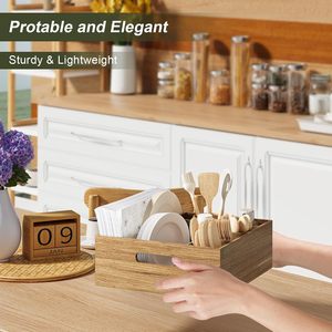 Organizador de cubiertos de madera con múltiples compartimentos y asas, caja de almacenamiento rectangular para picnic, fácil de transportar. - Product Image 4