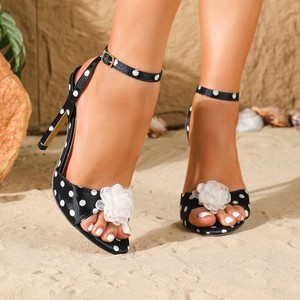 Sandali Donna Vintage con Motivo a Pois, Eleganti con Decorazione Floreale Bianca, Tacco alla Caviglia, Sexy con Punta Aperta, Scarpe da Cerimonia per Signore - Product Image 3