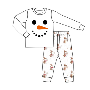 BT1351 personalizado pequeño niño Boutique blanco muñeco de nieve sonrisa impresión superior al por mayor niño manga larga Niño occidental ropa conjunto - Product Image 3