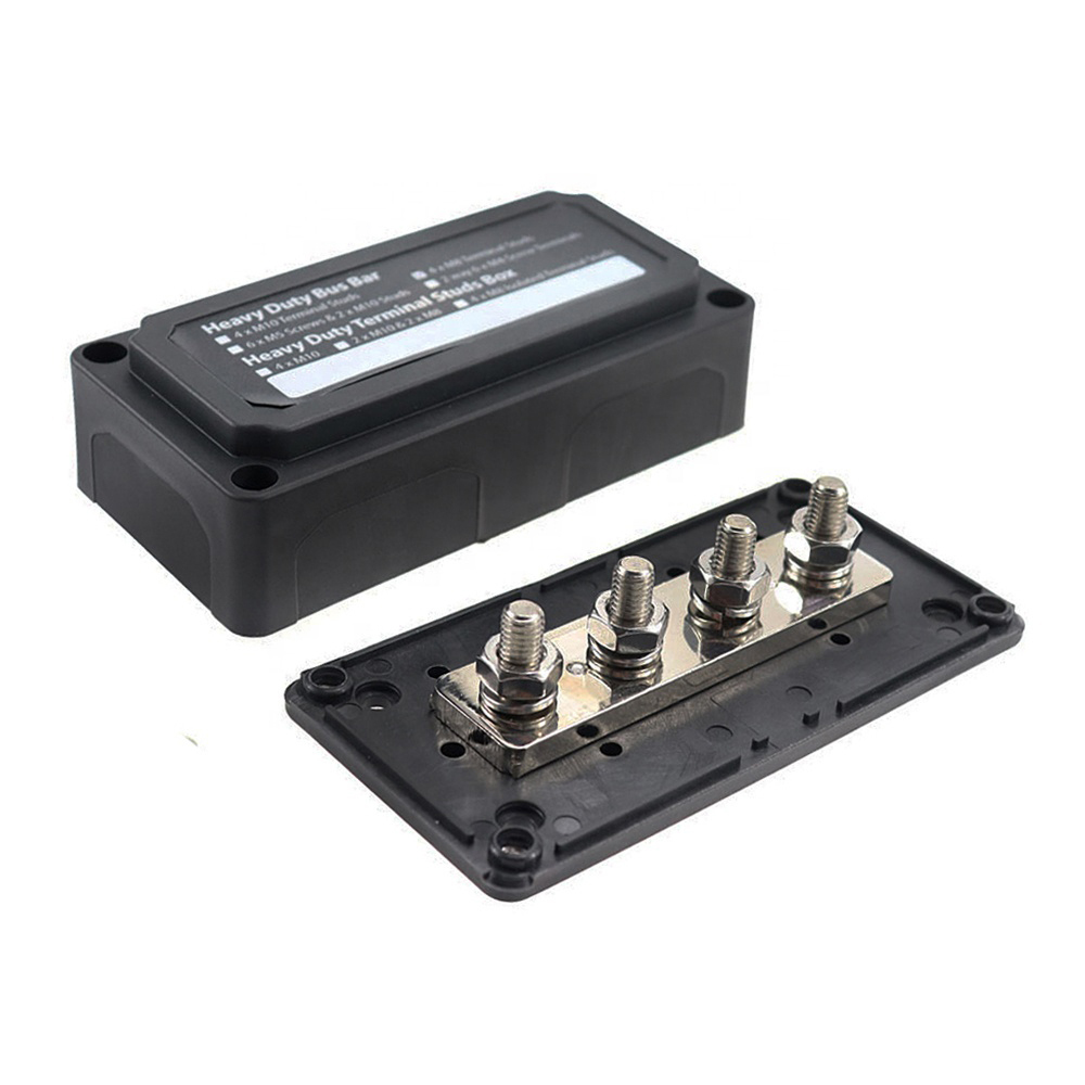 Amomd DC 48V 300A Marine Boat Copper Tin-plated Bus Bar Box Car RV Heavy-Duty Busbar 4 Terminal Studs