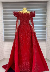 优雅的婚礼派对礼服红色美人鱼长沙特阿拉伯晚礼服定制勃艮第舞会礼服，带可拆卸火车 - Product Image 5