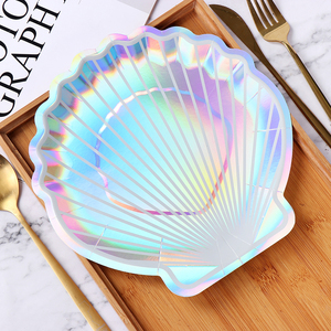 Assiettes en papier de coquillage festonné de sirène <span class=keywords><strong>Assiette</strong></span> de vaisselle de fête jetable Feuille holographique Fête de sirène sous la mer Événement sur le thème - Product Image 3