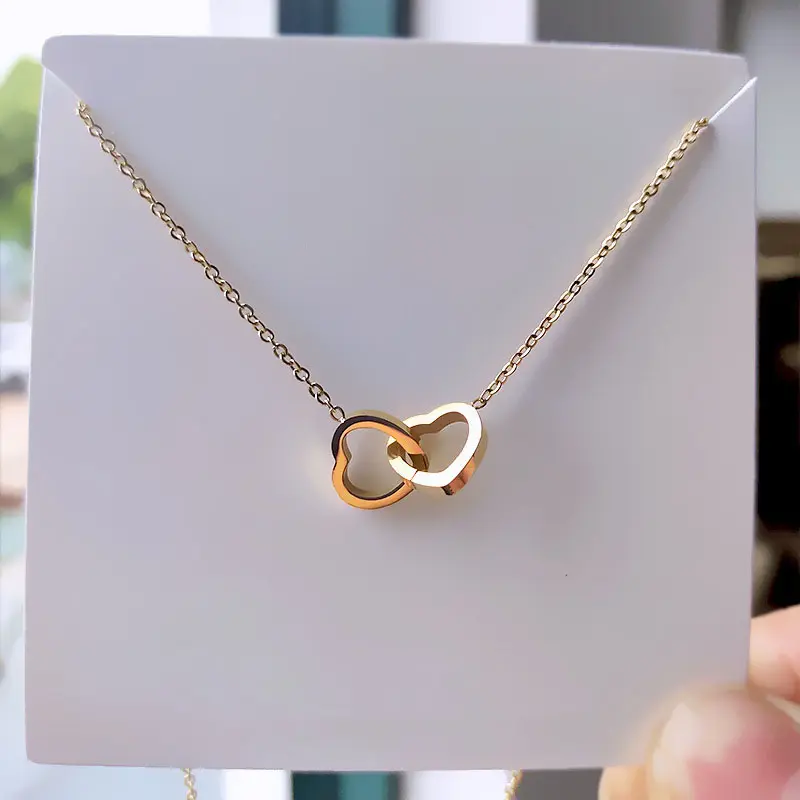 Trendy Fashion Women Jewelry Heart Neck Chain Necklaces Stainless Steel Double Heart Pendant Necklace