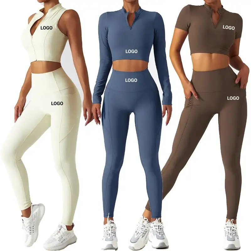 Neue benutzer definierte Damen Sportswear plus Größe Trainings kleidung Reiß verschluss Langarm Crop Top 4 Stück Yoga Set Leggings Fitness anzug