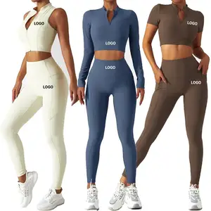 New Custom Women Sportswear Plus Size Workout Clothing Zipper Long Sleeve Crop Top 4 Piece Yoga Set Leggings