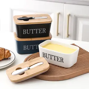 Atacado prato e faca de manteiga-Retangular cerâmica hermética, recipiente de manteiga recipiente caixa de manteiga prato com lábio de madeira e faca