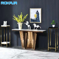 Table console de style européen, base dorée brillante de luxe, table d'angle de couloir, table d'entrée de salon, table d'entrée d'hôtel avec plateau en marbre