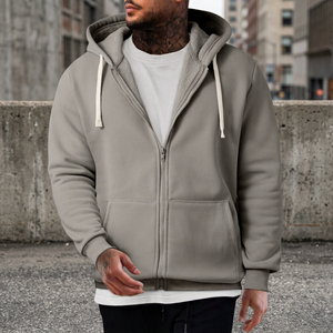 Sudadera con capucha gris para hombre, con cremallera, forro polar sherpa, cordón ajustable y dos bolsillos - Product Image 2