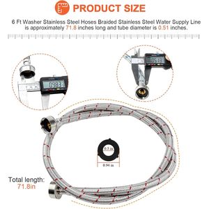 Tuyau en acier inoxydable pour machine à laver de 6 pieds (diamètre extérieur 15 mm), connexion droite, rayé chaud et froid, avec 4 rondelles - Product Image 2