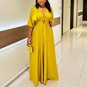 J6520 <span class=keywords><strong>Abito</strong></span> Estivo alla Moda per Donna, Casual e Sexy con Scollo a V e Lacci, <span class=keywords><strong>Mezza</strong></span> <span class=keywords><strong>Manica</strong></span>, Tinta Unita, Vestito <span class=keywords><strong>Lungo</strong></span> da Donna - Product Image 1