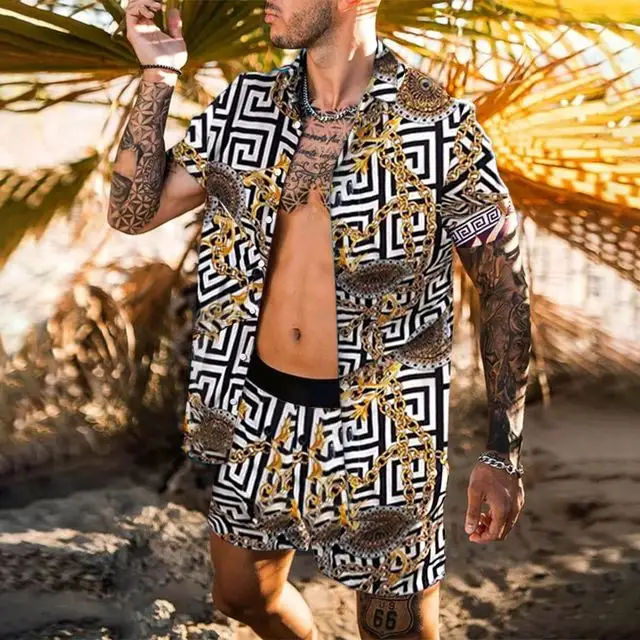 New Arrival Men Summer Beach Shirt Wear jogging suit for men two piece short set Printed Short Sleeve Shirts Shorts Set For Men