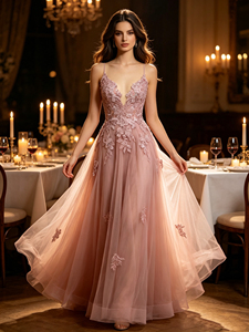 Abito da ballo con spalline sottili e scollo a V profondo, con lacci sul retro, in pizzo floreale 3D e <span class=keywords><strong>tulle</strong></span>, linea ad A, abito da sera, abito da damigella d'onore, vendita all'ingrosso di fabbrica - Product Image 4