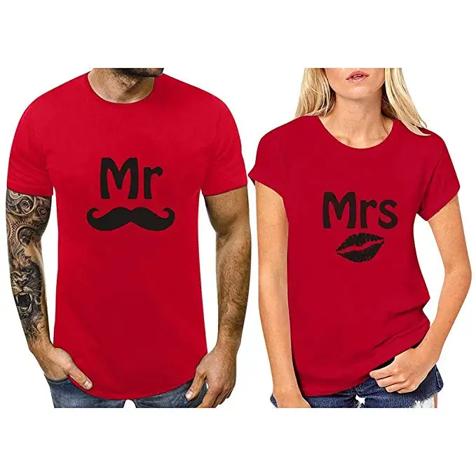 Fashionable Valentine's Day Custom Screen Printed 100% Cotton Short Sleeve Red Matching Couple T Shirts For Love