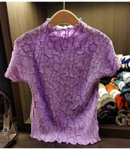2025 nouveau T-<span class=keywords><strong>Shirt</strong></span> à manches courtes brodé <span class=keywords><strong>violet</strong></span> pour femmes 3D motif formel col rond Style froissé - Product Image 5