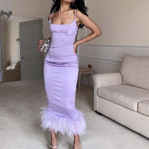 High Quality Elegant slip Lavender <strong>Dresses</strong> With Feathers Evening Party 2022 <strong>Wrap</strong> <strong>Silk</strong> Sexy <strong>Dresses</strong> Women - Product Image 5