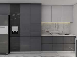 Armoires de cuisine laquées gris brillant, imperméables, y compris évier, dosseret, contreplaqué, marbre - Product Image 4