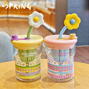 Gelas Tumbler Kaca Borosilikat Tinggi 500ml Motif Bunga Anti Bocor dengan Sedotan, Aman untuk Mesin Cuci Piring dan Microwave, Kapasitas Besar, Cangkir Kantor, Lucu - Product Image 3