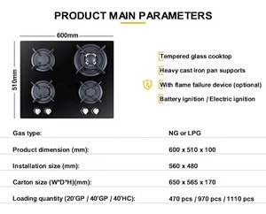 CE Certificate <b>Kitchen</b> Appliances Black Glass Built <b>in</b> Gas Cooktop With 4 Burner Gas - Product Image 2