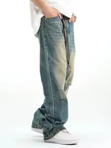 ג'ינס מכובס בהתאמה אישית לגברים אביב כחול בהיר משוחרר קז'ואל במצוקה מכנסיים ישרים קרעים מכנסיים רחבים גברים אופנתיים
