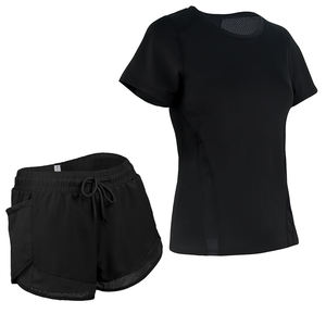סט 2 חלקים של חולצת טי קצרה עם רשת נושמת, מותן גבוה וגומי, ומכנסיים קצרים, ספנדקס/ניילון, ייבוש מהיר, ליוגה - Product Image 3