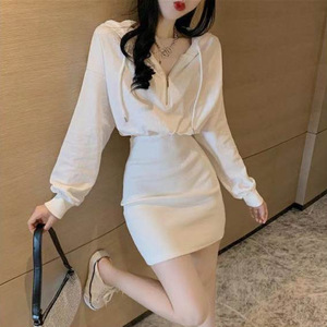 Hooded Long Sleeve Bodycon Dress Tight Waist Zipper Solid Color Casual Daily Wear Women's Mini Skirt Black Gray White - Product Image 4