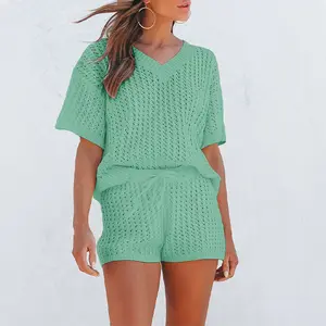 Women's Casual Sets 2 Piece Outfits Hollow Out Short Sleeve V- Neck Tops Drawstring Shorts Suits