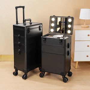 Trousse de maquillage professionnelle avec miroir lumineux, grande capacité, boîte de rangement pour cosmétiques, pour usage domestique, matériau PVC de couleur unie - Product Image 3