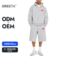 Ensemble survêtement homme gris avec logo personnalisé, sweat à capuche zippé et short, en coton, broderie logo rouge, streetwear, OEM ODM, ensemble 2 pièces pour l'été