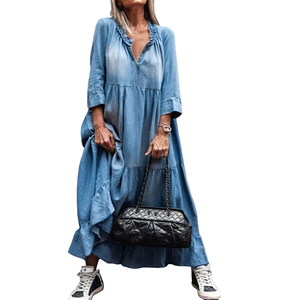 Nuovo Vestito Casual da Donna a Mezza Manica con Scollo a V, Ampio e Morbido, Tinta Unita, Lunghezza Media - Product Image 1