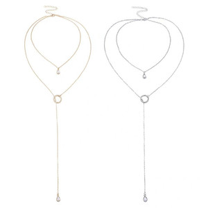 Collier superposé tendance en or avec pendentif géométrique en cristal et longue pampille, bijoux de fête - Product Image 5