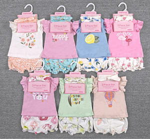 Conjuntos de Ropa de Verano para Bebés al por Mayor, 0-24 Meses, Juego de 3 Piezas con Diadema, Algodón, Estampado Floral, Estilo Europeo-Americano - Product Image 3