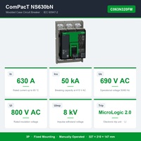 Interruptor Automático Schneider, ComPacT NS630bN, 50kA a 415VAC, 3P, Fijo, Operado Manualmente, Unidad de Control MicroLogic 2.0, 630A