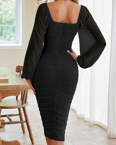 Elegante Abito Aderente da Donna con Arricciature, Scollo Quadrato, Maniche Lunghe Trasparenti a Sbuffo, Tinta Unita per Feste e Cocktail - Product Image 4