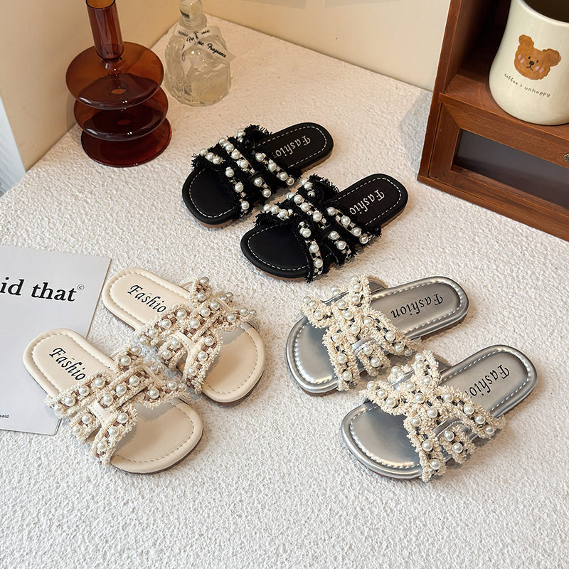 Girls Classic Style Pearl Slippers Outdoor Wear Summer New Fashion Seaside Beach Sandals Children's Flip-Flops