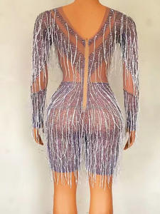 Falda corta elástica con borlas de malla y diamantes de imitación para mujer, traje femenino para actuaciones en escenario, modelo de coche, baile, <span class=keywords><strong>Dj</strong></span> - Product Image 4