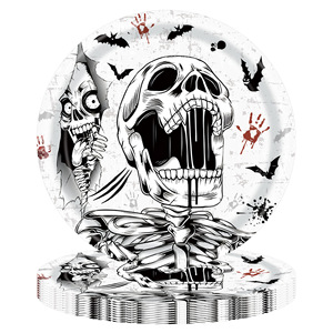 Kit de fournitures de fête jetables sur le thème de la squelette d'Halloween, assiettes, gobelets, serviettes, fourchettes, ensemble de vaisselle en papier - Product Image 2