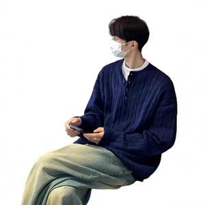 Poncho Cleanfit gris à col Henley, fin et élégant, pour homme, style américain, en maille torsadée, double boutonnage, idéal automne-hiver - Product Image 5