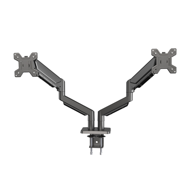 Steel Aluminum Gas Spring Dual Monitor Arm Stand Height Adjustable 90 Tilt 360 Rotation 2-9kg Load Capacity VESA Mount Stock