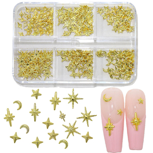 Breloques 3D pour nail art, motifs étoile, lune et étoile à cinq branches, boîte de 6 compartiments, accessoires de décoration d'ongles en alliage pour salon - Product Image 6