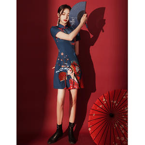 Vestido Cheongsam de moda china estilo corto Popular mejorado <span class=keywords><strong>azul</strong></span> chica joven dama de honor noche <span class=keywords><strong>Qipao</strong></span> - Product Image 3