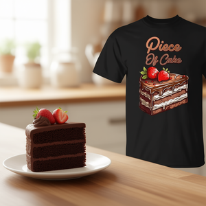 T-shirt unisexe pour adulte à manches courtes et col rond, imprimé numériquement, motif 'Piece Of Cake' Gâteau aux fraises et au chocolat en tranches, promotionnel - Product Image 3