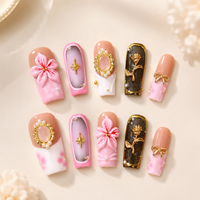 Ensemble d'ongles artificiels romantiques 3D floraux avec nœud rose, miroir, perle et or, à presser, pour salons de manucure et vente au détail en boutique