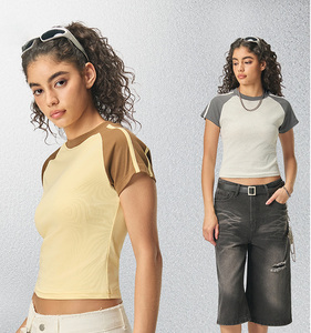 92.2% Cotton 7.8% Spandex <b>Women's</b> Slim Fit Stretch Cropped T-Shirt Custom Logo Color Block Striped Short Sleeve <b>Crop</b> <b>Top</b> - Product Image 3