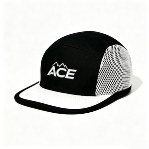 Casquette de camping personnalisée 5 panneaux en toile, corps noir, bordure blanche, broderie ACE Montagne, impression par sublimation, séchage rapide, respirante, pour l'extérieur - Product Image 5
